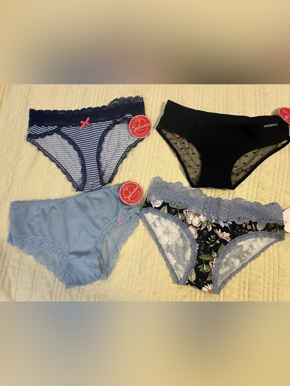 Splendies Women's NWT Medium  Bikini Panty Pack Navy, Black, Light Blue, Floral
